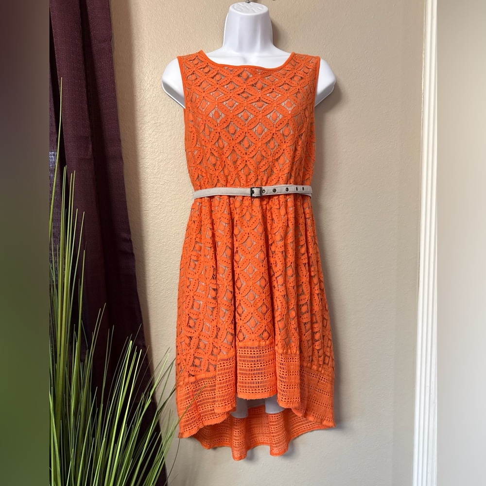 #680 Esley Orange/nude sleeveless, High low midi dress size medium